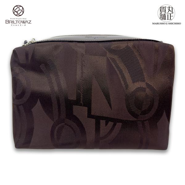 フェラガモ ナイロンポーチ ブラウン 茶 シルバー金具 ナイロン カーフ  HE22 6639  レ...