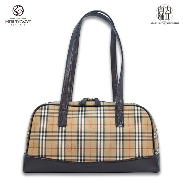 バーバリー ヘイマーケットチェック ファスナーロングショルダーバッグ ナイロンキャンバス レザー ベ...