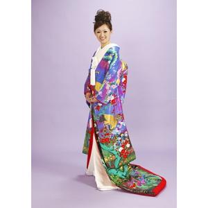 塩瀬羽二重　本手描き友禅色打掛レンタル　青と紫地[4泊5日・小物セット付・送料無料]/結婚式 花嫁 婚礼 ブライダル ウェディング 披露宴/和装の貸衣装