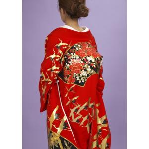 本手描き友禅色打掛レンタル ちりめん赤地 落款...の詳細画像1