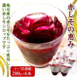 濃い赤しそシロップ「赤しその恵み」6本×約200g　濃縮タイプの赤紫蘇ジュース かさばらない容器