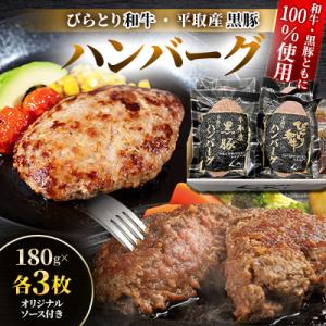 びらとり和牛・平取産黒豚ハンバーグ180g各3枚　オリジナルソース付