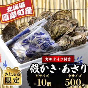 【さとふる限定】厚岸産殻かき(Mサイズ)×10個・あさり(中サイズ)500g・カキナイフ×1本セット