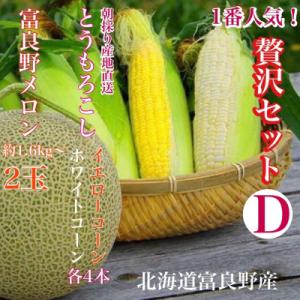 ふるさと納税 富良野市 旬の選りすぐり北海道富良野産「贅沢セットD」赤肉メロン2玉、ホワイト/イエロ...