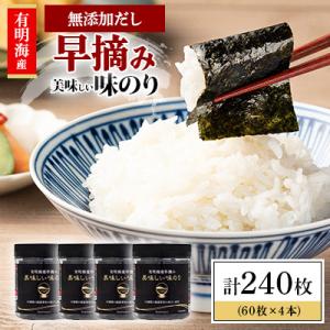 かね岩海苔 有明海産早摘み美味しい味のり240枚(60枚×4本)【化学調味料無添加】【AN012】