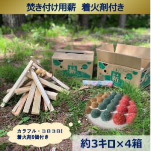 ふるさと納税 伊那市 信州産焚き付け用薪　カラフルでコロコロした着火剤付き(6個入)　薪約3キロ×4...