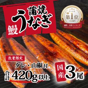 【数量限定】【訳あり】 国産うなぎ 蒲焼き 3尾 420g以上 大きさ不揃い 山椒付き