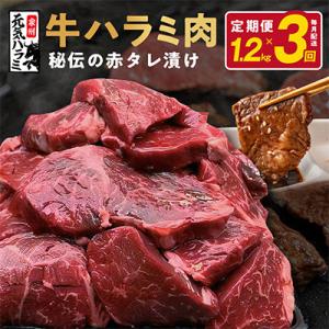 【毎月定期便】牛ハラミ 1.2kg 秘伝の赤タレ 小分け 300g×4 全3回