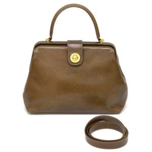 本物 CELINE セリーヌ サークルロゴ リザード型押 レザー 2WAY 斜め掛け ショルダーバッグ ハンドバッグ ブラウン 茶 ゴールド金具 中古