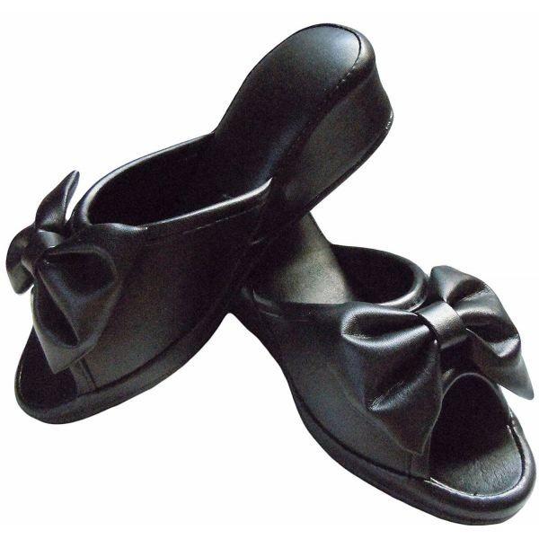 ヒールスリッパ フェイクレザー ヒール アップ スリッパ リボン付き ブラック ヒール高4.5cm ...