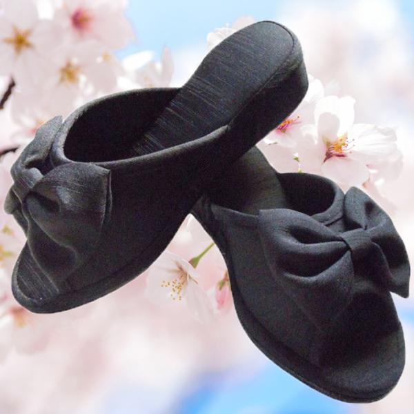 ヒールスリッパ シャンタン 素材 ヒール アップ スリッパ リボン付き ブラック ヒール高４ｃｍ お...