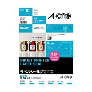 エーワン ラベルシール[インクジェット]超耐水タイプ光沢紙（A4判：1面ノーカット・10シート：10...