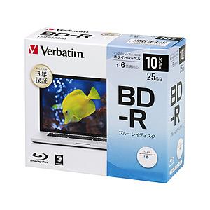 VERBATIMJAPAN 長期3年保証 データ用BD-R 1-6倍速 25GB 10枚【インクジェットプリンタ対応】　DBR25RP10D1-B｜y-sofmap