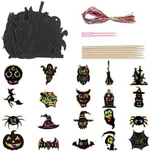 CINECE ハロウィン スクラッチアート 20pcs ペンと紐付き 塗り絵 ペーパーアート 幽霊 カボチャ 魔女 ネコ 蜘蛛 死神