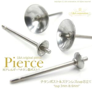 サージカルステンレスピアスパーツ 2ペア チタン製ポスト＆ステンレス製丸皿カップ付き芯立て 3mm 6mm 金属アレルギー対応 ノンアレルギー