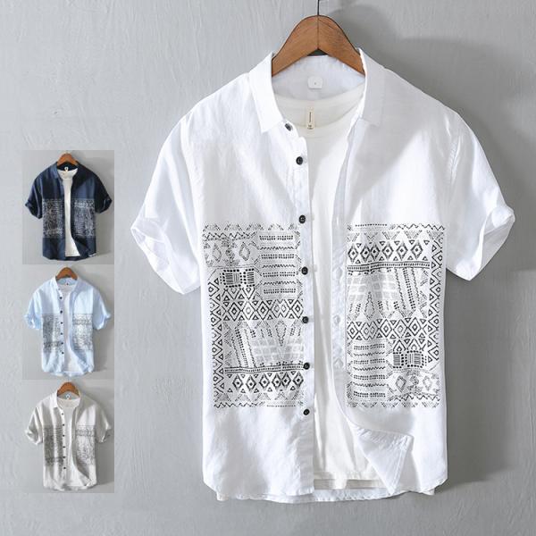 綿麻シャツ メンズ 半袖 夏服 トップス 半袖シャツ プリント 薄手 カジュアルシャツ 夏サマー お...
