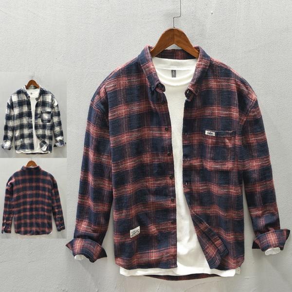 ネルシャツ メンズ カジュアルシャツ ボタンダウンシャツ チェック柄 トップス 100%綿 長袖 起...