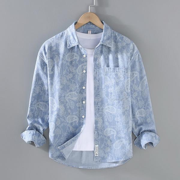 ダンガリーシャツ デニムシャツ カジュアルシャツ メンズ シャツ トップス ペイズリー柄 長袖 春服...
