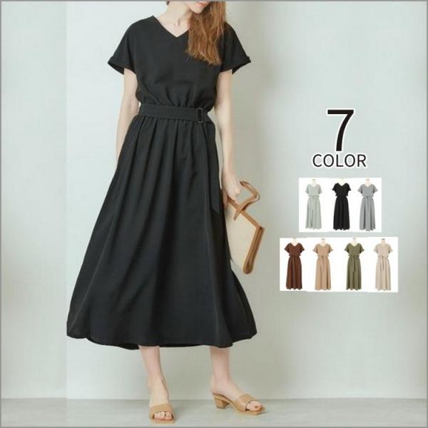 夏ワンピース 半袖ワンピース レディース ワンピース vネック ロング ワンピース 夏 ゆったり 着...