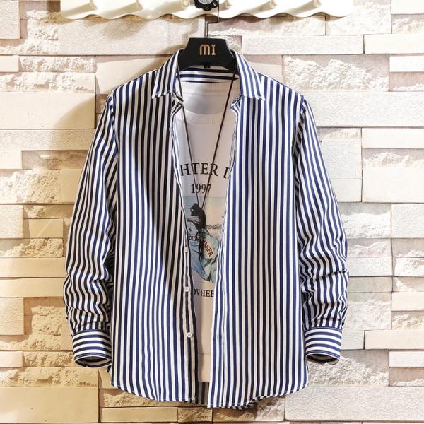 カジュアルシャツ ボタンダウンシャツ きれいめ シャツ ストライプシャツ トップス 細身 長袖 メン...