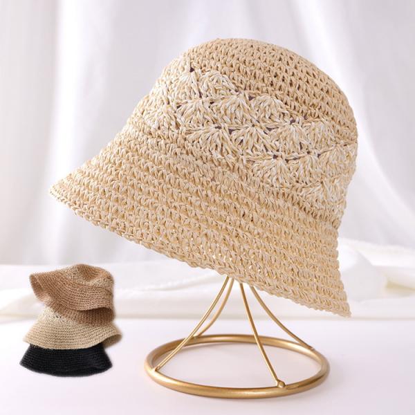 麦わら帽子 レディース バケットハット ペーパーハット UVプロテクト 日よけ 折りたためる 帽子 ...
