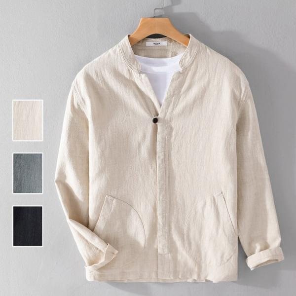 ラミーシャツ メンズ 綿麻シャツ 苧麻 シャツ ラミーコットン カジュアルシャツ トップス Vネック...