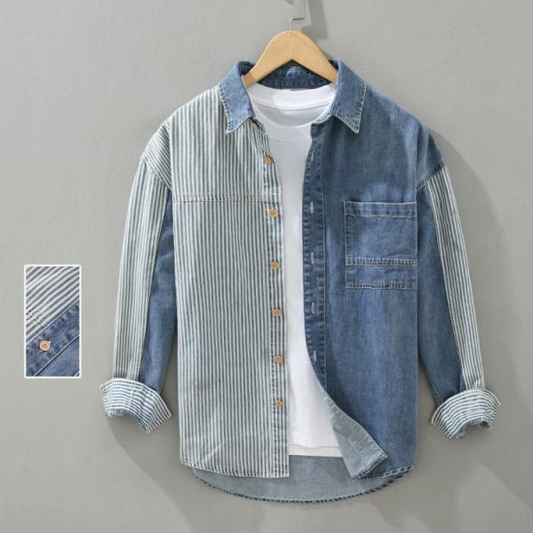 デニム シャツ メンズ ダンガリーシャツ ストライプ 切り替え カジュアルシャツ トップス 秋服 秋...