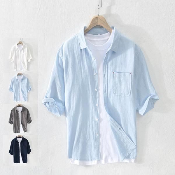 綿麻シャツ 五分袖 シャツ トップス 綿麻 リネンシャツ 夏服 カジュアルシャツ メンズ ファッショ...