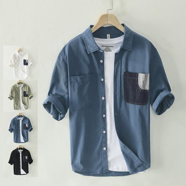 五分袖シャツ メンズ シャツ １００％綿 トップス カジュアルシャツ 夏服 サマー おしゃれ 10代...