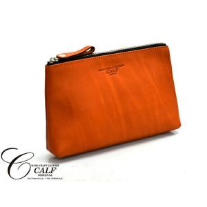 CALF カーフ 本革 レザーポーチ Lサイズ オレンジ orange 日本製 大きめ 旅行 トラベル 鞄 整理 Leather 橙 送料無料｜yabumoto3