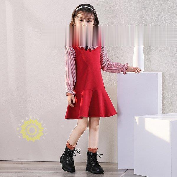 ワンピース キッズ 長袖ワンピース 子供服 女の子 秋 冬 シャツワンピース フリル ストライプ 子...