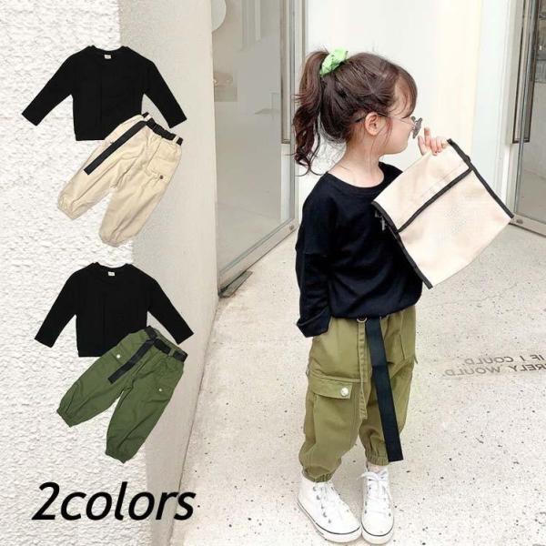 キッズ セットアップ 子供服 男の子 女の子 長袖 ワークパンツ 韓国k子供服  ロンT×ワークパン...