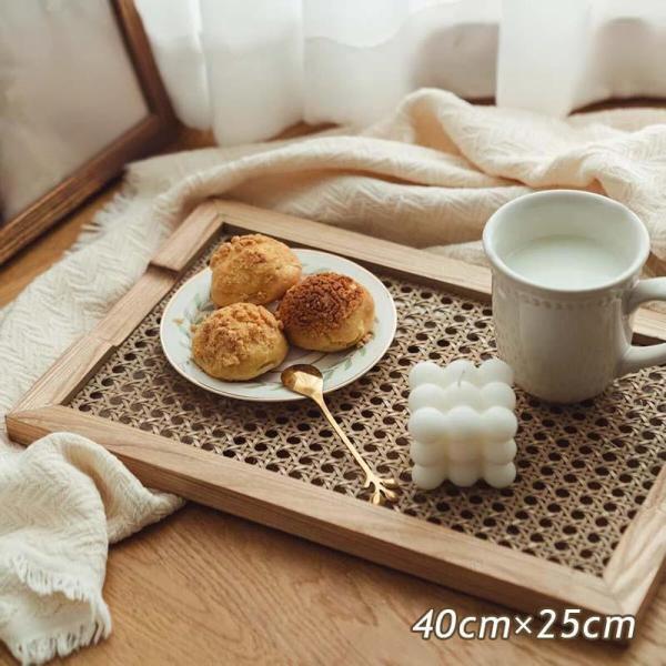 ラタン トレー 木製 カフェ ウッド おしゃれ トレイ 木のトレイ お盆 四角 北欧 お膳