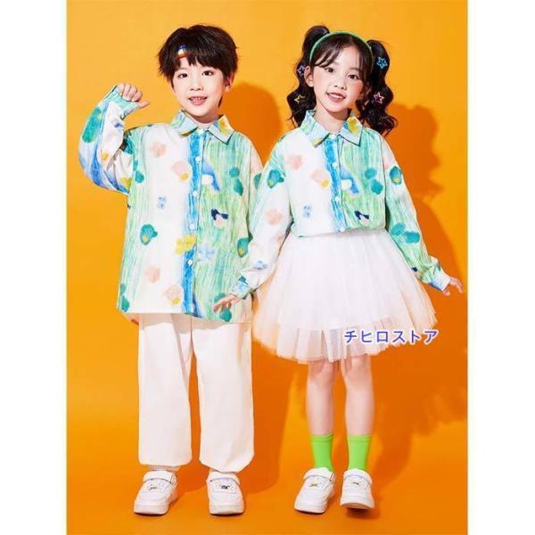 柄 グレー 子供服 セットアップ キッズ ダンス衣装 ジャズ ヒップホップ 女の子 長袖 トップス ...