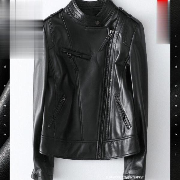 レディース革ジャン 本革　秋冬　レザージャケット ライダースジャケット   立ち襟   ラム革  カ...