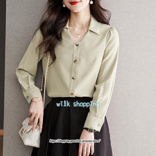 シャツ ブラウス 秋 秋服 レディース 無地 vネック 長袖 ゆったり シンプル トップス ビジネス...