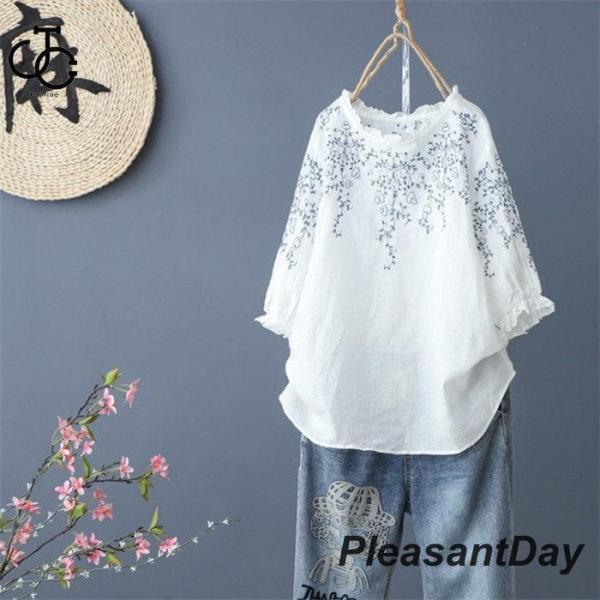 春 ブラウス シャツ 半袖 レディース プルオーバー ブラウス ロングシャツ 夏 刺繍 お洒落 大き...