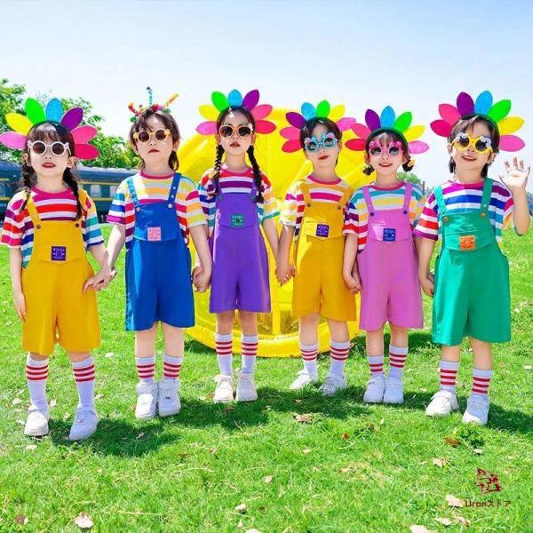 キッズ ダンス衣装 レインボー 虹色 ボーダー柄 tシャツ サロペット 子供服 セットアップ 女の子...