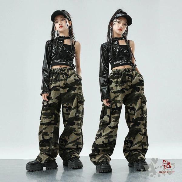 ダンス衣装 k-pop衣装 ヒップホップ ブラックインナー　 黒レザーワンショルダー 迷彩柄パンツ ...