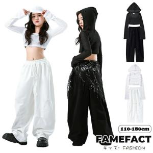 黒 白 女の子 ダンス衣装 フード付き トップス ガールズ ジャズ へそ出し 長袖 トップス キッズダンス ヒップホップ 子供服 発表会 ジャズ レッスン着 練習着 韓