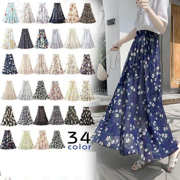 レディース スカート フレアスカート 花柄 プリーツスカート シフォン ロングスカート マキシスカー...