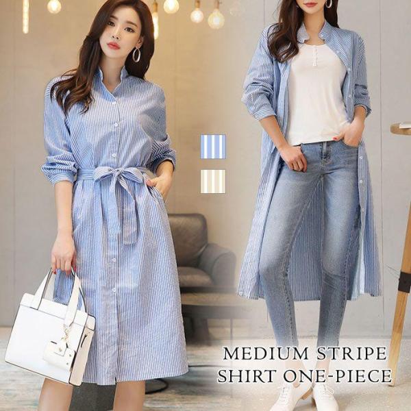 ワンピース レディース シャツワンピース 春 夏 春夏 ストライプ ブラウス アウター ミディアム ...