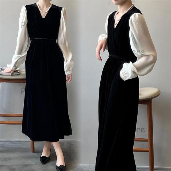 レディース 光沢 ベルベット パーティードレス 長袖 結婚式 二次会 膝下丈 レトロ 秋冬用 チュー...