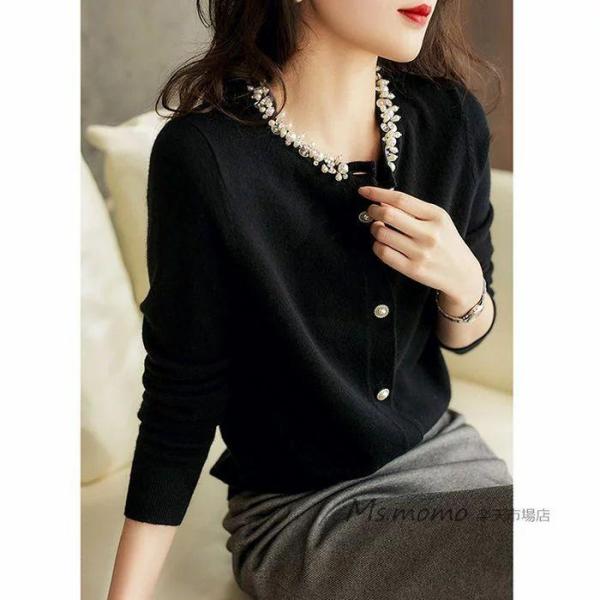 ニットカーディガン レディース 秋冬 40代 長袖 ニットトップス 黒コーディガン パールネックカー...