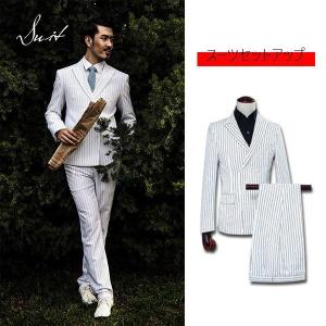 白 ストライプ ドレススーツ男性ダブルブレストメンズ 2 ピースセット