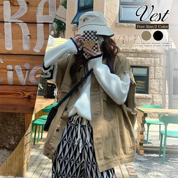 袖切りっぱなしアウターベスト | ブラック ブラウン ワークスタイル ミリタリー Gジャン カジュア...