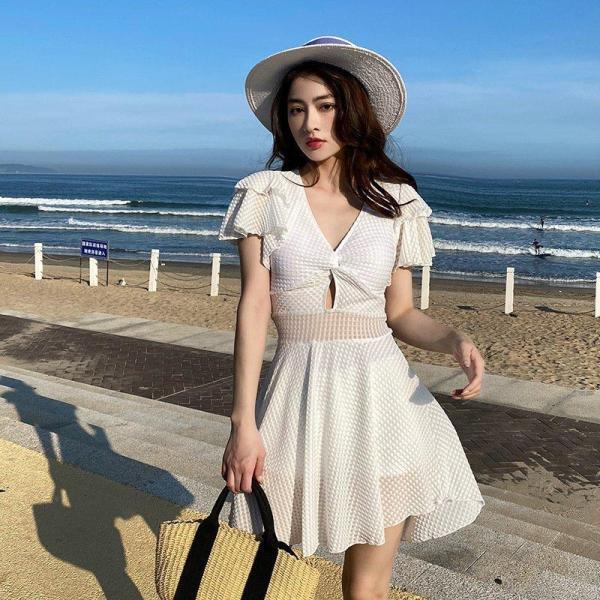 ワンピース水着 スイムウェア レディース Vネック フレア袖 可愛い 着痩せ 体型カバー 水陸両用 ...