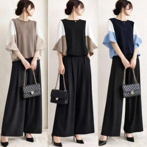 セットアップ レディース 夏服 ブラウス プルオーバー バイカラー 中袖 ドルマンスリーブ フレア パンツ タックパンツ ワイドパンツ 大人きれいめ 40代50代