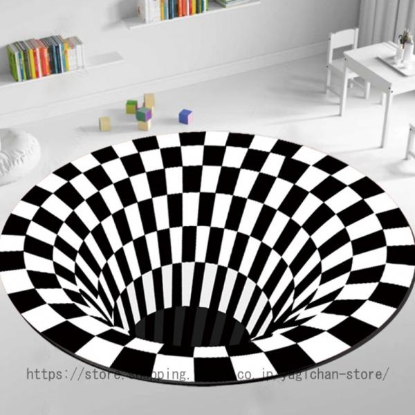 3D錯覚カーペット ブラックホール ノンスリップ 敷物 渦の錯視 黒と白の三次元錯覚 市松模様 北欧...
