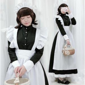 メイド服 ロング丈 コスプレ メイド長袖ロングワンピース前開きロングウェイトレス可愛い COSPLAYハロウィン 仮装 変装 女性 コスプレ衣装白×黒｜yahirostore